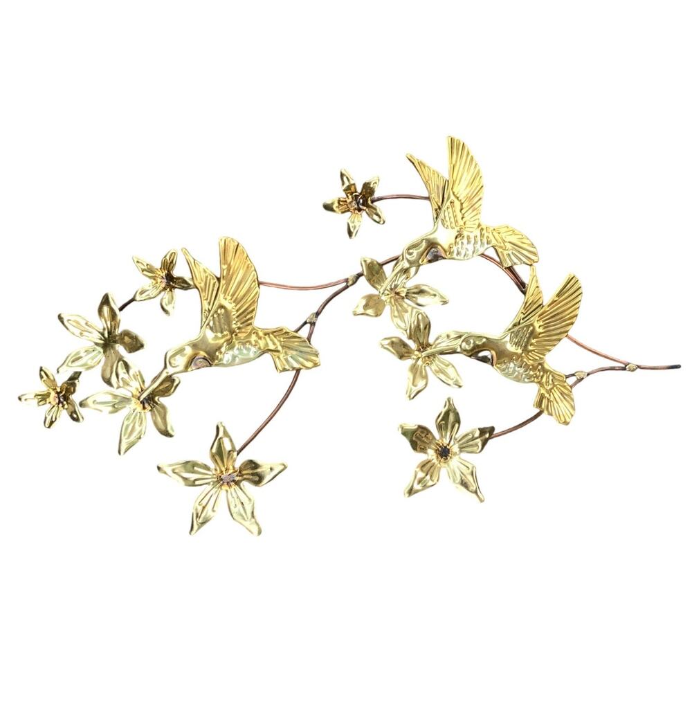 Vintage Mid Century Pressed Brass Hummingbirds on Flower Branch Wall Hanging